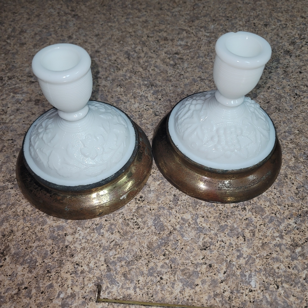 Brass and milk glass candle sticks
